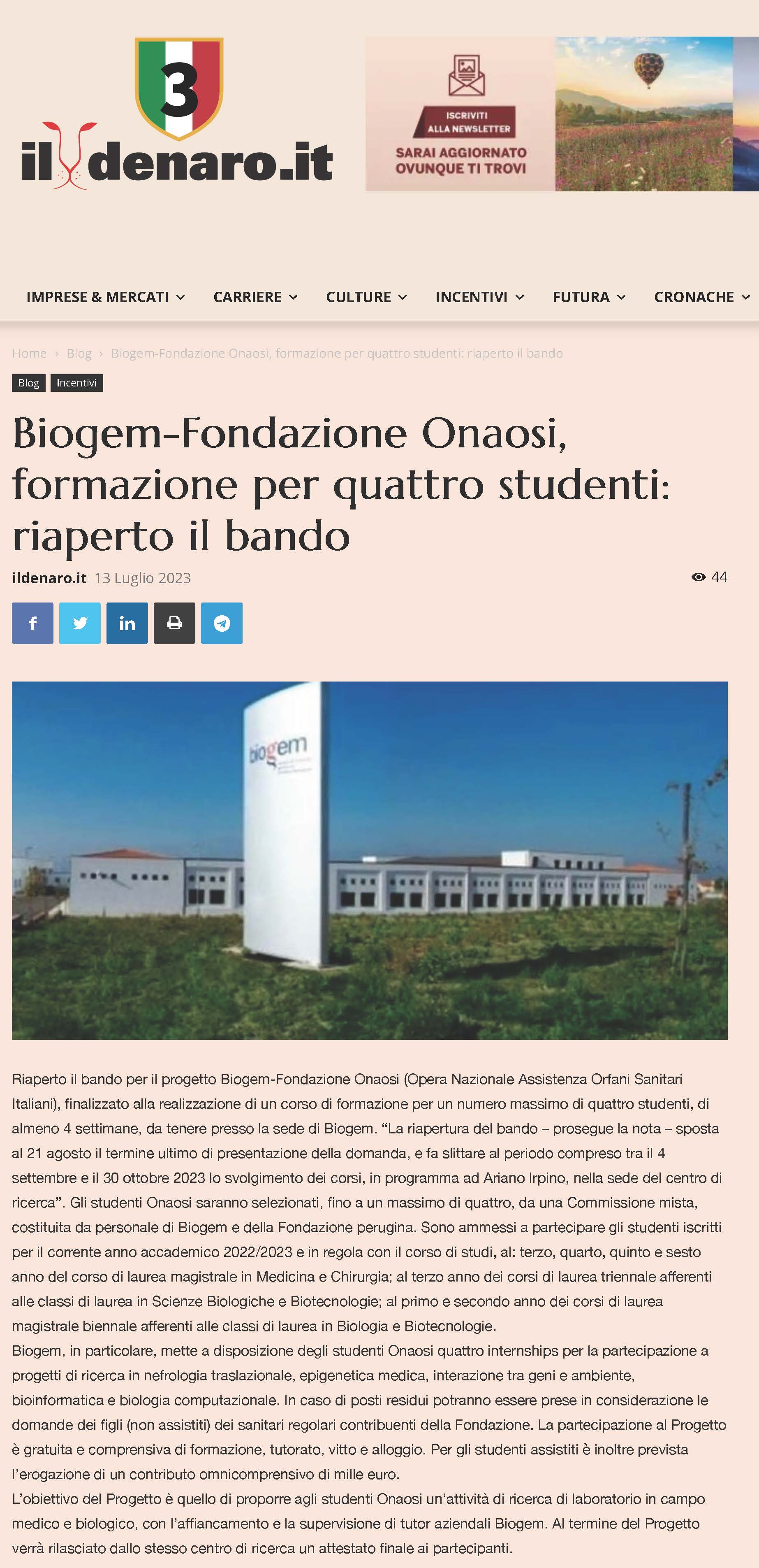 Biogem-Fondazione Onaosi, formazione per quattro studenti: riaperto il bando